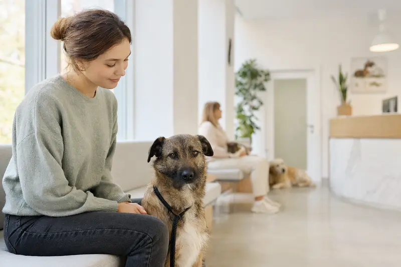 Ein Cursinu Hund sitzt ruhig neben seinem Besitzer im hellen Wartezimmer einer modernen Tierarztpraxis.
